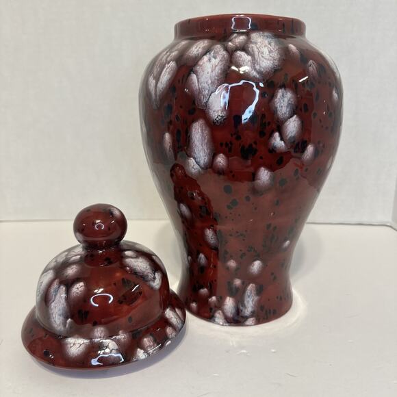 Handmade Red White Drip Glaze Ceramic Ginger Jar Vase with Lid 13.5" - Picture 7 of 10